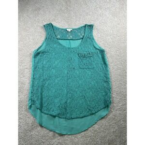E&M Tank Top Womens Large Teal Lace‎ Sheer Chiffon Sleeveless Stud Pocket Blouse